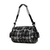 シャネル カメリア チェーン ショルダーバッグ グレー ブラック ツイード レザー レディース CHANEL 【中古】
